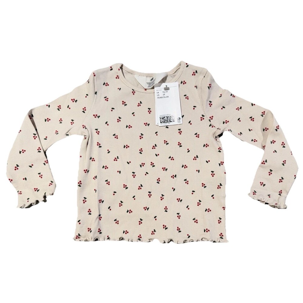 NWT H&M 2t Printed Ribbed Top Ivory Berries & Cream Shirt Toddler Girl Soft NEW